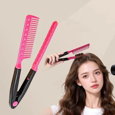 1pc Multi-Functional Hair Styling Tool V-Shaped Comb - Fine-Toothed Curly Comb For Detangling Hair - Hair Straightening Brush - V-Shaped Clamp Design Curling & Straightening Dual-Use Brush
