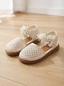 1 Pair Toddler Girls' White Mesh Upper With Pearl & Bow Decor Decorated PU Leather Non-Slip Comfortable Lightweight Breathable Closed Toe Slingback Flat Sweet Elegant Princess Fashion Shoes Perfect For Daily School Wedding Party Outdoor Outings - 米色 - 查看 3