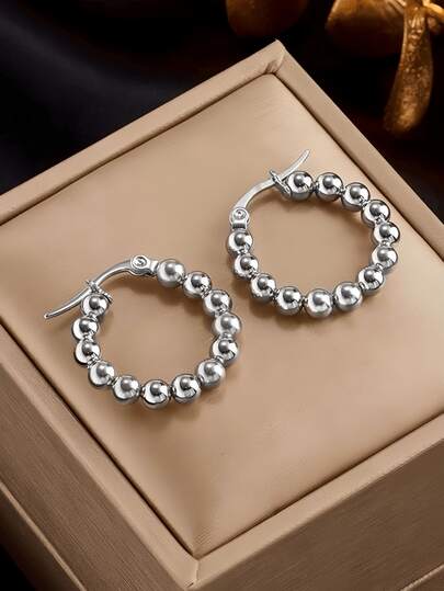 1 Pair Fashionable Stainless Steel Bead Hoop Earrings For Women