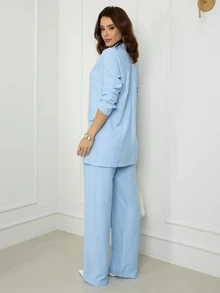 Women's Premium Double-Look Blazer And Pants Set - Baby Blue - View 2