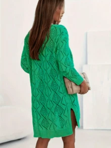 Casual Long Sleeve Solid Pointelle Knitted Cardigan - Button Front - Women's Clothing - Green - View 3