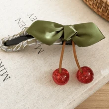 1个布艺蝴蝶结树脂樱桃吊坠简约时尚发夹（鸭嘴夹） - 彩色 - 查看 11