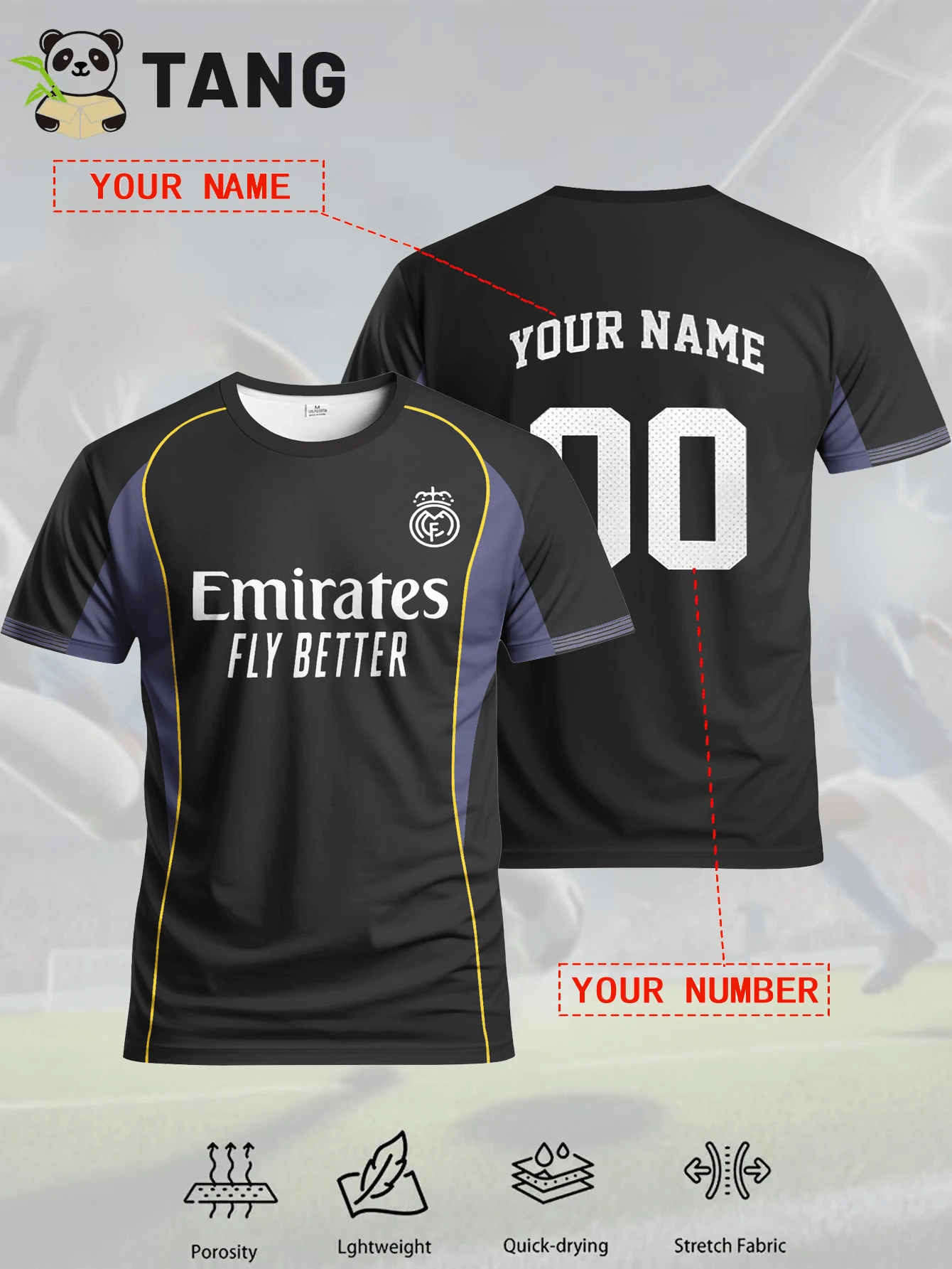 定制款西甲马德里男士足球球衣，可印制姓名和号码，舒适圆领运动衫，柔软轻盈，适合足球训练、休闲穿着和夏季送礼，黑色，瑜伽友好型