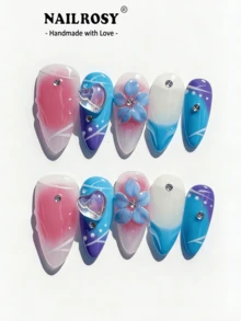 10pcs Handmade Matte Almond-Shaped 3D Burgundy Flower Nail Art, Elegant 3D Gel Nail Decals, Reusable False Nails For Vacation, Holiday, Birthday - Baby Blue - View 1