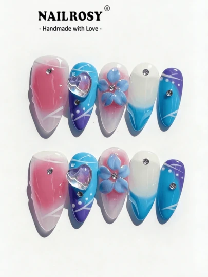 10pcs Handmade Matte Almond-Shaped 3D Burgundy Flower Nail Art, Elegant 3D Gel Nail Decals, Reusable False Nails For Vacation, Holiday, Birthday