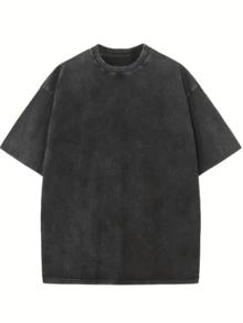 Vintage Washed Cotton Loose-Fit T-Shirt, Cute  Face And Heart Print, Women's Casual Street Style Short-Sleeve Top, Wrinkle-Resistant Washed Cotton T-Shirt - 黑色 - 查看 3