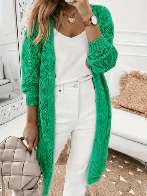 Women's Casual Long Sleeve Solid Color Hollow Out Knit Cardigan - Front Button Design Spring