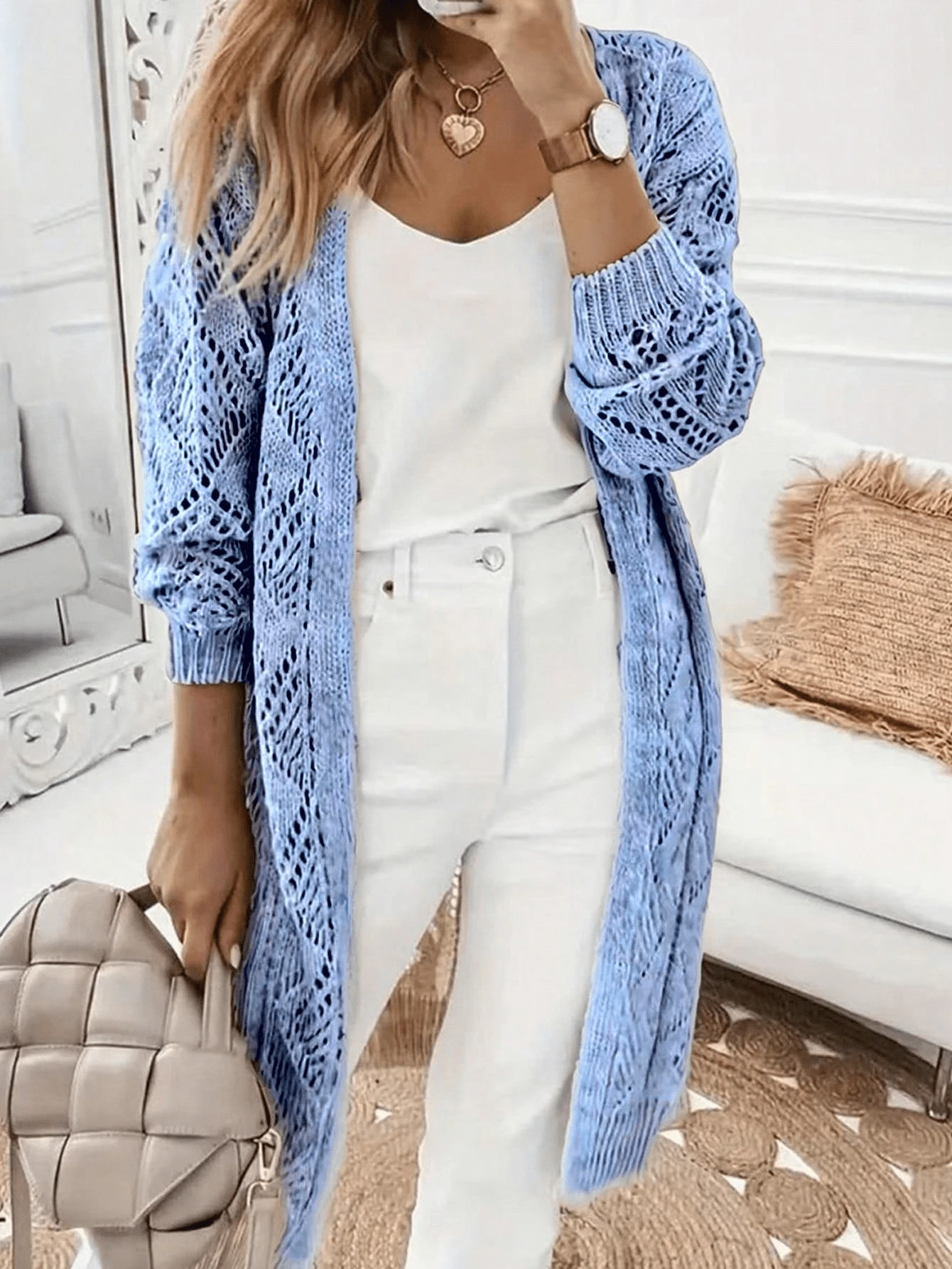 Women's Casual Long Sleeve Solid Color Hollow Out Knit Cardigan - Front Button Design Spring - Blue - View 1