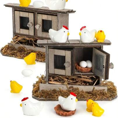 Bộ 5 món đồ chơi gỗ cổ điển, lý tưởng để trang trí với gà mái, gà con, trứng và tổ để tạo nên khung cảnh trang trại thu nhỏ, hoàn hảo cho trang trí khu vườn cổ tích.