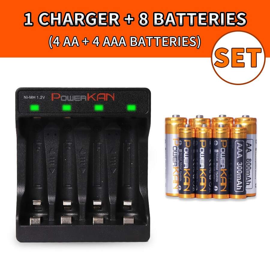 POWERKAN电池充电器套装：4节AA 800mAh镍氢充电电池+K411 5V 2A USB快速充电器（兼容AA/AAA电池），遥控器和玩具的理想电源解决方案 - 是 - 查看 1