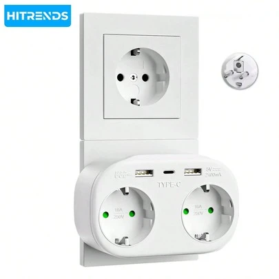 HITRENDS Bộ sạc nhanh di động châu Âu - Type-C + USB 5 trong 1, với bảo vệ quá tải 16A, hỗ trợ sạc đồng thời 5 thiết bị. Thiết bị thiết yếu cho du lịch, nhà cửa, văn phòng, ký túc xá hoặc các chuyến công tác.