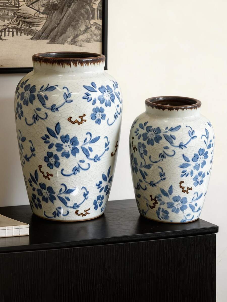Cabin Kangaroo 新款中式青花陶瓷花瓶，复古裂纹釉花瓶，客厅玄关装饰，禅意干花花瓶，精品茶室软装，桌面花架，手工裂纹釉青花陶瓷花瓶，复古做旧中式花瓶，客厅电视柜装饰，干花鲜花花瓶