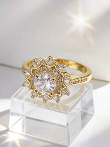 Charm-In 18K Gold Plated Copper Ring Sunburst Starburst Double Halo Design Filigree Cubic Zirconia Solitaire Engagement Ring For Women - Gold - View 2
