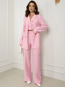 Women's Premium Double-Look Blazer And Pants Set - Màu Hồng baby - Xem 1