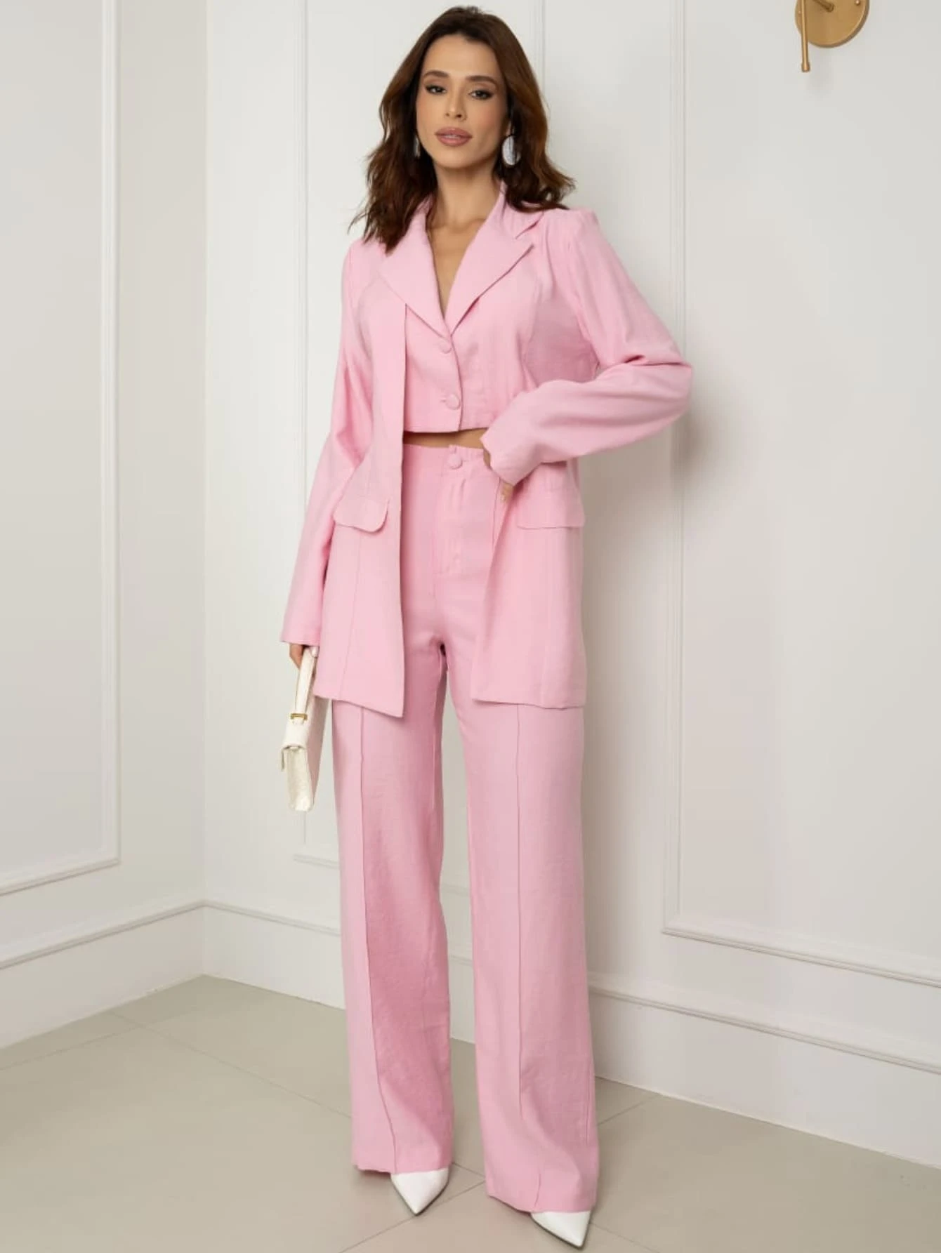 Women's Premium Double-Look Blazer And Pants Set - Màu Hồng baby - Xem 1