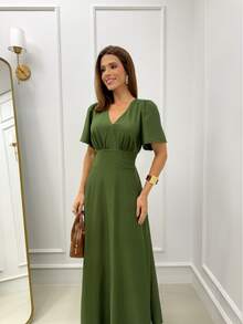 Women's Plain Long Dress With V-Neck And Defined Waist, Elasticated Back And Short Sleeves - xanh quân đội - Xem 4