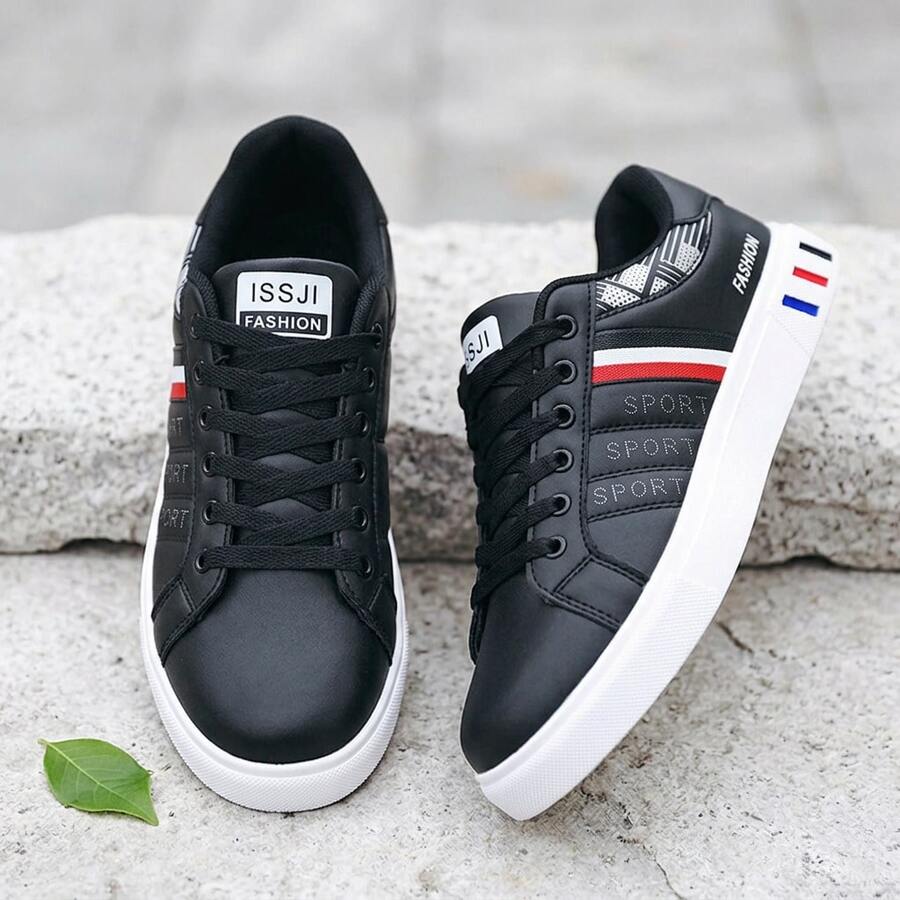 Zapatillas deportivas informales para hombre, tenis para hombre, zapatos para hombre, zapatos para hombre, transpirables y cómodas, con diseño de cordones; zapatillas ligeras para skate, equipadas con suela antideslizante y resistente al desgaste, ideales para deportes al aire libre y para el uso diario. - Negro - Ver 1