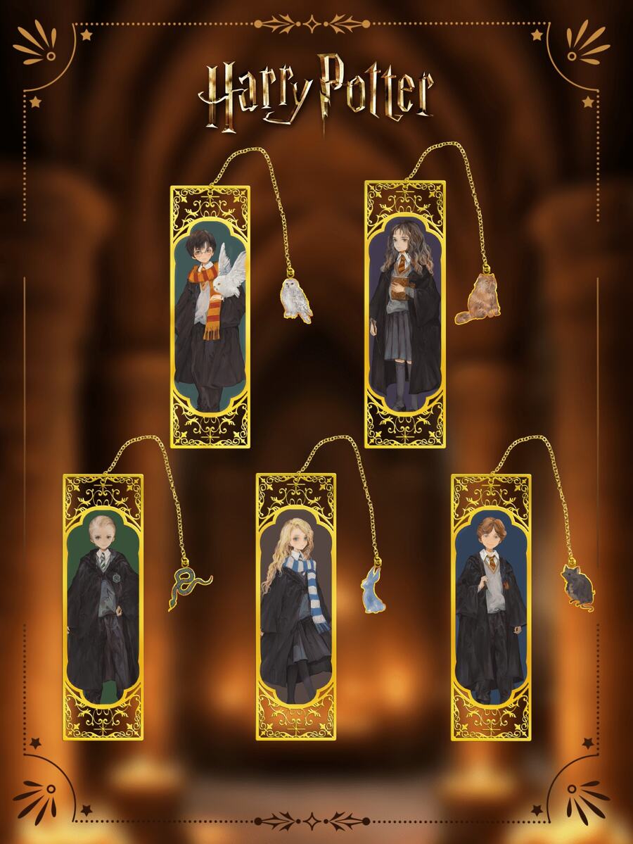 1 pieza Marcapáginas de metal con personajes de Harry Potter, Harry, Ron, Hermione, Luna, Malfoy, marcapáginas huecos vintage con cadena, regalo de papelería adecuado para clubes de lectura, cumpleaños, vacaciones, escritores, amantes de los libros, fans de Harry Potter, regalo de graduación [Autorizado oficialmente] - Multicolor - Ver 1