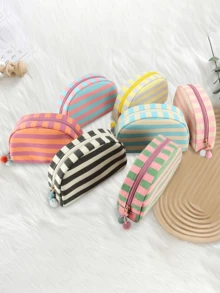 Personalized Embroidered Striped Shell-Shaped Dopamine Color Makeup Bag, With Zipper And Pom Pom Decor, Customizable With Name/Text, Portable Travel Storage Pouch - Multicolor - View 5