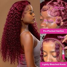 CEXXY 13x6 Chocolate Brown Wig With Deep Waves And A Net Front, Burgundy Wig With Deep Waves And A Net Front, Human Hair Wig For Women, Brazilian Human Hair Wig With Deep Curls, 13x6 HD Wig With A Transparent Net Front, Pre-Bleached Wig With A Baby Bun, Glue-Free Net Wig, Natural Hairline, Wig With A Center Or Side Part, Dyeable Human Hair Wig, 180% High-Density Wig With Long Curls, Dyeable And Restyleable. Chocolate Brown And Burgundy Women's Wigs. Brazilian Wig With Deep Waves And A Net Front. Human Hair. 13x6 HD Net Wig. For Everyday Wear, The Office, Parties, And Weddings. - S99J - 查看 4