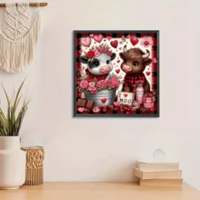 1件装新款可爱小牛爱情主题钻石画套装，5D圆形水晶钻石马赛克DIY工艺品，适合制作手工礼物，装饰客厅、卧室、圣诞节、复活节、情人节、宰牲节、父亲节、母亲节、婚礼等场合，无框 - 查看 4