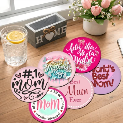 6pcs Mother's Day Pattern Coasters Set, Absorbent Silica Gel Coasters For Tea Cup, Water Glass, Wine Glass, Coffee Cup, Placemats, Suitable For Home Decor, Party, Tableware Gifts, All Seasons