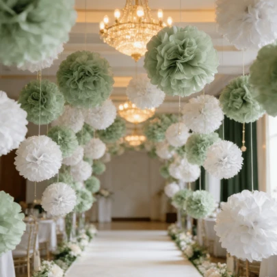 3 Piezas/18 Piezas/36 Piezas Decoraciones colgantes de pompones de papel blanco y verde guisante, para decoración de boda, hogar, fiesta de cumpleaños, Día de la Madre, decoración de eventos de primavera/verano