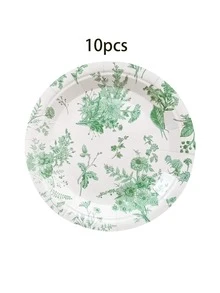 10pcs/20pcs/30pcs 7/9inch White And Green Verdure Design Paper Plates,Disposable Plates,Green Plant And Flower Patterns Dessert Plates For Wedding Party Theme Party Baby-Shower Men Women - Multicolor - View 8