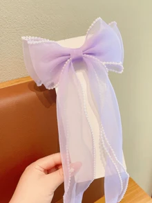 1个仿珍珠装饰蝴蝶结发夹，优雅女士发饰，适合婚礼、夏季派对、海滩和日常造型，紫色，爪夹，假日旅行 - 紫丁香色 - 查看 3