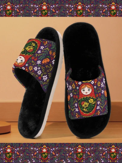 Pantuflas con diseño impreso de muñeca rusa con flores, pantuflas cómodas de dormitorio, pantuflas livianas para interiores, pantuflas casuales para piso, pantuflas de hogar para mujeres, pantuflas para parejas