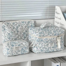 Blue Begonia Flower Cosmetic Bag, Handheld Convenient Daily & Travel Use, Large Capacity, Suitable For Women - Blue - View 9