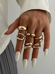 Bộ 6 chiếc nhẫn hở kiểu dáng tối giản cổ điển bằng hợp kim, thiết kế giọt dung nham, kim loại dày, mạ vàng, không đối xứng. Thích hợp cho nữ giới đeo hàng ngày, hoàn hảo làm quà tặng sinh nhật, ngày lễ và các bữa tiệc. Phù hợp để đeo hàng ngày và trong các dịp lễ hội, đeo được quanh năm, phụ kiện lý tưởng cho kỳ nghỉ. - Vàng - Xem 1