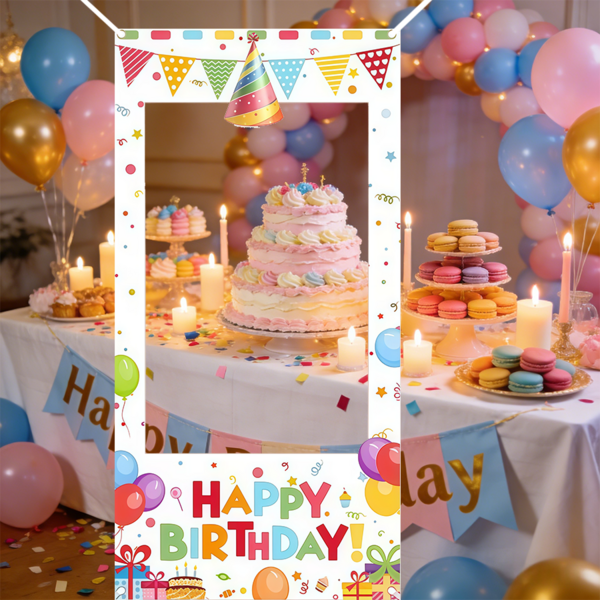 2D Flat Banner 1pc Photo Frame, Birthday Party Theme, HAPPY BIRTHDAY Colorful Letters, Anniversary Decoration, Birthday Party Decoration, Family Party Photo, Garden Decoration Photo Supplies, Polyester, Indoor And Outdoor