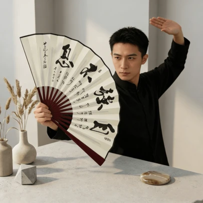 1pc Chinese Style Calligraphy Folding Fan, Double-Sided Printing "Self-Improvement, Virtue Encompasses All", Ancient Style Chinese Costume Dance Folding Fan, Double-Sided Silk Cloth Fan, Red Bone Imitation Wood Fan Bone, Chinese Style Calligraphy Text, Durable And Easy To Open/Close, Large Chinese Style Silk Cloth Folding Fan, Retro Masculine Chinese Fan, Chinese Study Room Decor, Chinese Costume Photography Prop