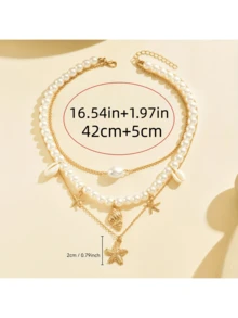 一件式夏季海滩度假贝壳海螺星星多元素女士珍珠项链套装，夏季小众贝壳项链，不易褪色且低过敏性，适合日常佩戴、派对和家庭聚会。 - 金色 - 查看 6