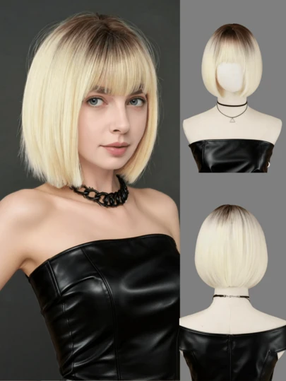 12-Inch Ombre Platinum Blonde Short Straight Bob Wig With Bangs, Heat Resistant Synthetic Hair Wig, Elegant And Fashionable, Suitable For Daily Wear, Vacation, Travel, And Family Gatherings
