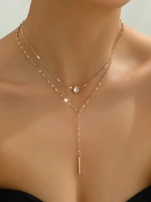 Pingente vertical de luxo em formato de gota d'água, com corrente dupla e sensual, acessório versátil ideal para festivais, presentes, encontros e uso diário. - Ouro - Ver 1