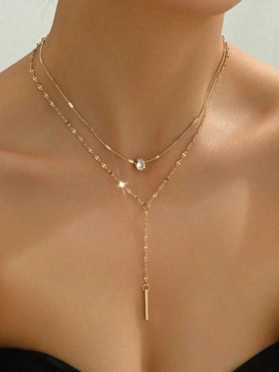 Pingente vertical de luxo em formato de gota d'água, com corrente dupla e sensual, acessório versátil ideal para festivais, presentes, encontros e uso diário. - Ouro - Ver 1