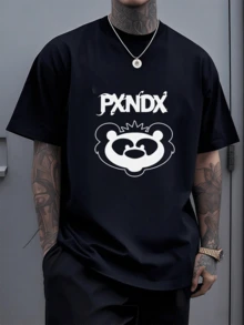Camiseta para hombre 100% algodón con un adorable diseño de cara de panda corona puntiaguda y el llamativo logotipo PXNDX que simboliza la energía juvenil y la individualidad - Negro - Ver 6