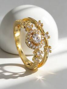 Charm-In Anillo chapado en oro de 18K con diseño de doble halo floral, bandas apilables y acentos de circonita cúbica para joyería nupcial y de boda - Dorado - Ver 3