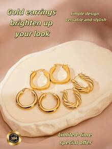 3 par/set geometriska asymmetriska örhängen i förgyllt rostfritt stål, lämpliga för damfester, dagliga pendlingar, mångsidiga användningsområden - 6-delat rabattpaket - Visa 1