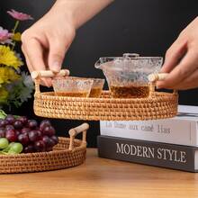 1pc Japanese Round Rattan Woven Storage Tray, Handmade Snack Fruit Bread Bun Display Platter With Handle - Mocha Brown - View 4