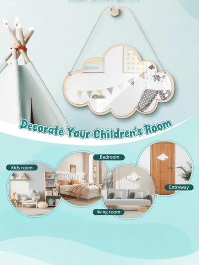 1 chiếc gương trang trí hình đám mây bằng gỗ phong cách Bắc Âu, thích hợp cho phòng trẻ em, thiết kế nhẹ nhàng phù hợp với phòng ngủ bé gái, phòng chơi hoặc trang trí ngày lễ.
