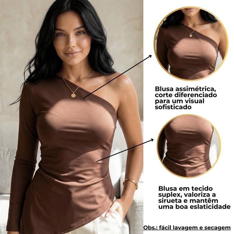 Women's Asymmetrical Blouse, One Shoulder, Long Sleeve, Fashionable, In Supplex Fabric. - 白色 - 查看 4
