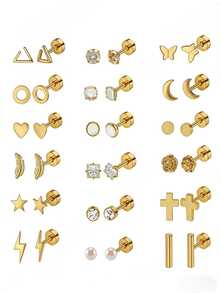 18件套不锈钢耳环套装，男女皆宜，款式包括星星、月亮、花朵、心形、叶子、蛋白石，20G耳骨耳环，低过敏性平底耳钉，适合穿刺佩戴。 - 彩色 - 查看 4