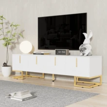 TV-bänk, lågt skåp med texturerad dörrpanel, TV-möbel, guldfärgade handtag och guldfärgade ben - Vitt - Visa 9