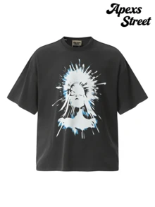 GALLERY  Portrait Print T-Shirt Washed Black, High-Quality Washed Cotton Printed T-Shirts, Menswear, Suitable For Street Retro Style As Well As Outdoor Sports And Leisure Occasions, Comfortable And Stylish, Y2K Apparel, Fashion T-Shirts, Streetwear, Exquisite Gifts. - 黑色 - 查看 2