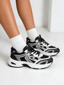 New Style Women's Casual Sports Shoes, Platform Sports Shoes, White Lace-Up Round-Toe Blended Material, Breathable, Versatile, Printed Graffiti, College Style, Suitable For Students, Outdoor Hiking, Casual Wear And Commuting. - 黑色 - 查看 2