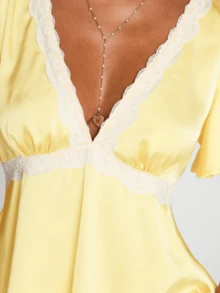 Baby Doll Top For Women Flowy Ruffle Short Sleeve Lace Trim V Neck Silk Satin Pelpum Top Shirt High Waist Elegant Dressy Slip Blouse Top Aesthetic Clothes - 黃色 - 查看 6