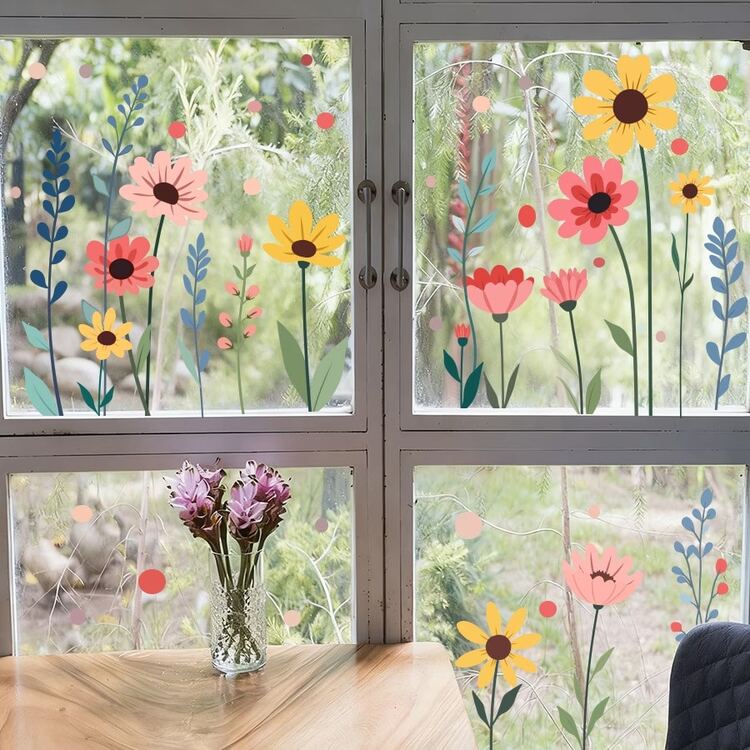 2 miếng dán cửa sổ có thể tháo rời với họa tiết hoa hồng, vàng, lá xanh và chấm bi đỏ, chất liệu PVC mờ, bám dính tĩnh điện, thích hợp cho cửa kính/cửa sổ, trang trí theo phong cách nhà nông thôn, dễ dán và tháo gỡ không để lại cặn. - Xem 3